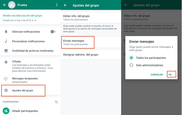 ¿Como elegir quien puede enviar informacion en un grupo de WhatsApp